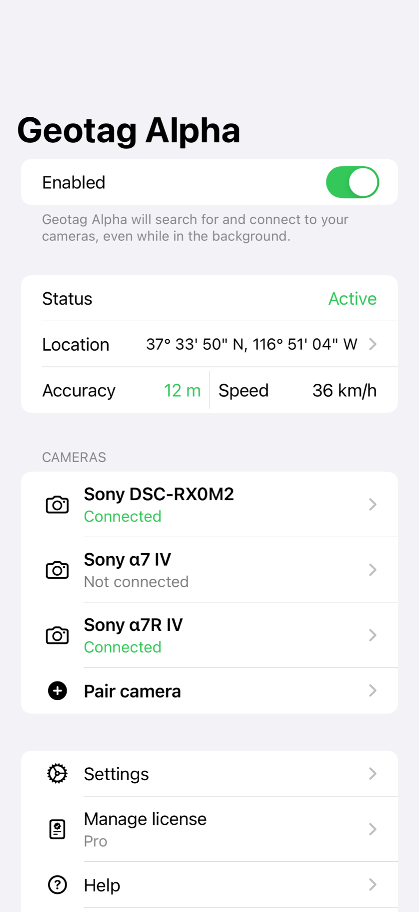 Geotag Alpha — connected cameras and live location